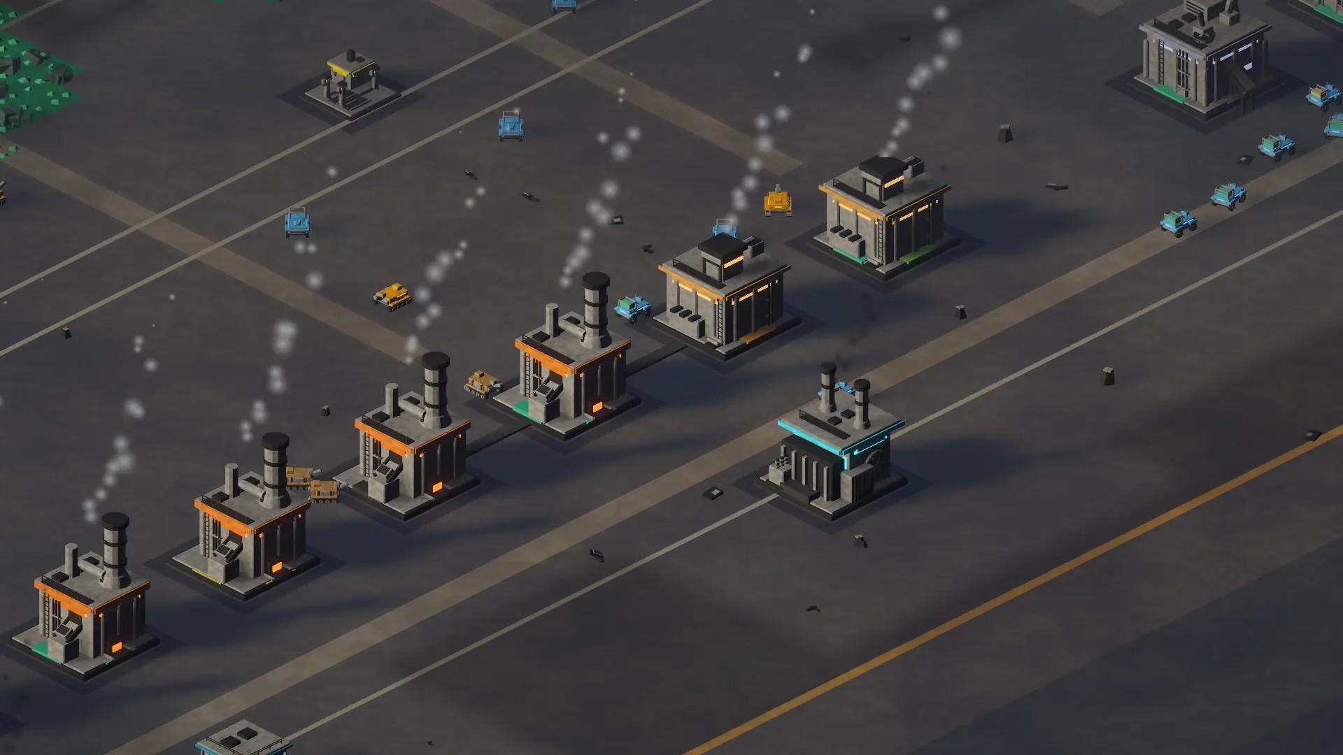 A development screenshot of LINEBORN showing working factories and robots carrying materials along the production line.